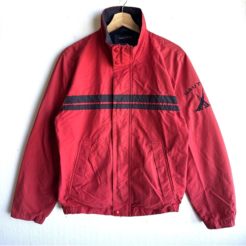 VTG Nautica Windbreaker Sailing Jacket Mens S Red Full Zip Stripe Sleeve Logo